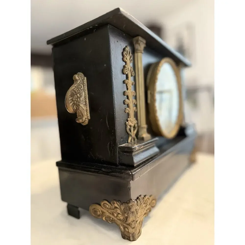Searcy's Clockhouse Victorian Antique Wall Clock Black Gold Roman Numerals Wood